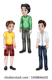 Set of Young Men in Stylish Clothes Cartoon Illustration. Three Handsome Happy Guys Characters Isolated on White Background
