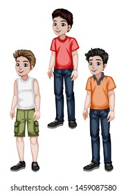 Set of Young Men in Stylish Clothes Cartoon Illustration. Three Handsome Happy Guys Characters Isolated on White Background