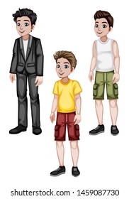 Set of Young Men in Stylish Clothes Cartoon Illustration. Three Handsome Happy Guys Characters Isolated on White Background
