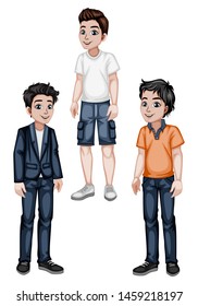 Set of Young Men in Stylish Clothes Cartoon Illustration. Three Handsome Happy Guys Characters Isolated on White Background
