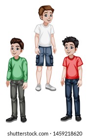 Set of Young Men in Stylish Clothes Cartoon Illustration. Three Handsome Happy Guys Characters Isolated on White Background
