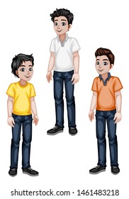 Set of Young Men in Stylish Clothes Cartoon Illustration. Three Handsome Happy Guys Characters Isolated on White Background
