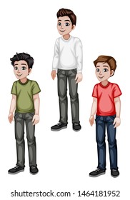 Set of Young Men in Stylish Clothes Cartoon Illustration. Three Handsome Happy Guys Characters Isolated on White Background
