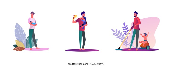 Set of young men taking care of their kids. Flat vector illustrations of casual men hanging out with their children. Fatherhood and parenting concept for banner, website design or landing web page