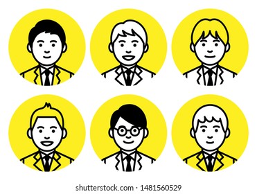 Set of young men upper body in round frame on white background. Vector illustration.

