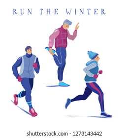 Set of young men warming up, running, jogging season, flat cartoon vector illustration isolated on white background. Set of men running, jogging, warming up in winter season, dressed in warm clothes