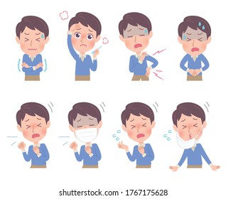 Eine Reihe junger Männer, die verschiedene Emotionen ausdrücken. Es ist Vektorkunst, sodass es einfach zu bearbeiten ist.