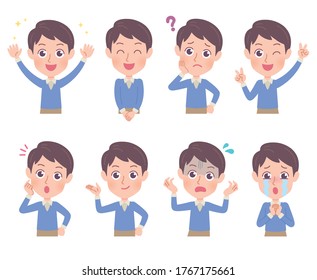 A set of young men with who express various emotions.It's vector art so it's easy to edit.