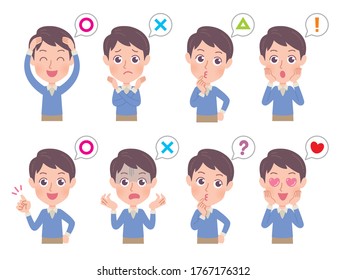 A set of young men with who express various emotions.It's vector art so it's easy to edit.