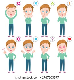Eine Reihe junger Männer, die verschiedene Emotionen ausdrücken. Es ist Vektorkunst, sodass es einfach zu bearbeiten ist.