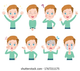A set of young men with who express various emotions.It's vector art so it's easy to edit.