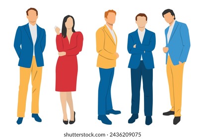  Set of young men and woman , different colors, cartoon character, group of silhouettes of standing business people, students, design concept of flat icon, isolated on white background