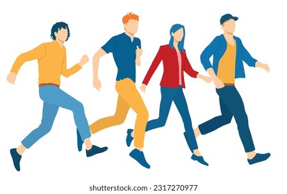  Set of young men and woman running, profile, different colors, cartoon character, group  silhouettes business people, students, the design concept of flat icon, isolated on white background