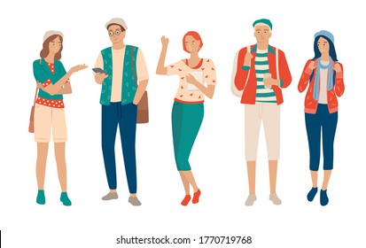  Set of young men and women, different colors, cartoon character, group of silhouettes of standing and walking business people, students with a smart phone, the design concept of flat icon