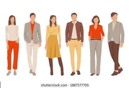  Conjunto de hombres y mujeres jóvenes, diferentes colores, personaje de caricatura, grupo de siluetas de hombres de negocios de pie, estudiantes, el concepto de diseño de icono plano, aislado en fondo blanco