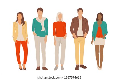  Set of young men and women, different colors, cartoon character, group of silhouettes of standing business people, students, the design concept of flat icon, isolated on white background