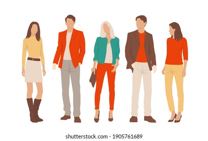  Conjunto de hombres y mujeres jóvenes, diferentes colores, personaje de caricatura, grupo de siluetas de hombres de negocios de pie, estudiantes, el concepto de diseño de icono plano, aislado en fondo blanco