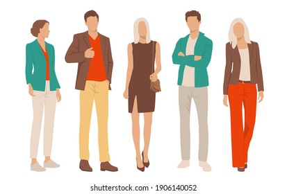  Set of young men and women, different colors, cartoon character, group of silhouettes of standing business people, students, the design concept of flat icon, isolated on white background