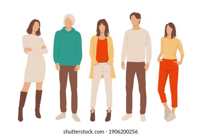  Set of young men and women, different colors, cartoon character, group of silhouettes of standing business people, students, the design concept of flat icon, isolated on white background