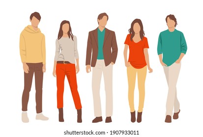  Set of young men and women, different colors, cartoon character, group of silhouettes of standing business people, students, the design concept of flat icon, isolated on white background