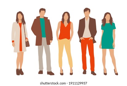  Set of young men and women, different colors, cartoon character, group of silhouettes of standing business people, students, the design concept of flat icon, isolated on white background