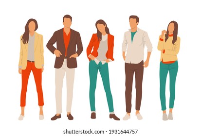  Set of young men and women, different colors, cartoon character, group of silhouettes of standing business people, students, the design concept of flat icon, isolated on white background