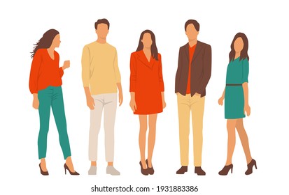  Set of young men and women, different colors, cartoon character, group of silhouettes of standing business people, students, the design concept of flat icon, isolated on white background