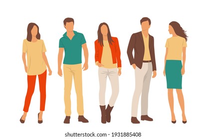  Set of young men and women, different colors, cartoon character, group of silhouettes of standing business people, students, the design concept of flat icon, isolated on white background