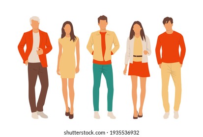  Set of young men and women, different colors, cartoon character, group of silhouettes of standing business people, students, the design concept of flat icon, isolated on white background