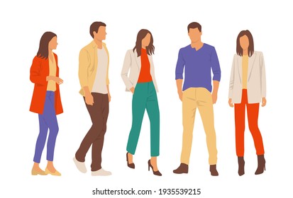  Set of young men and women, different colors, cartoon character, group of silhouettes of standing business people, students, the design concept of flat icon, isolated on white background