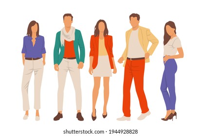  Set of young men and women, different colors, cartoon character, group of silhouettes of standing business people, students, the design concept of flat icon, isolated on white background