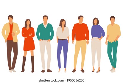  Set of young men and women, different colors, cartoon character, group of silhouettes of standing business people, students, the design concept of flat icon, isolated on white background