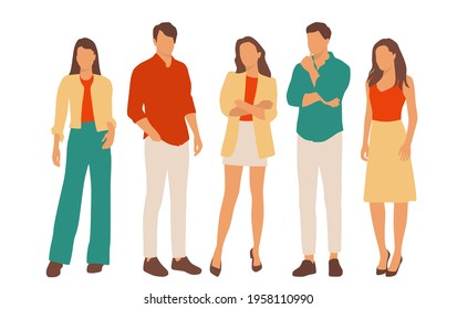  Set of young men and women, different colors, cartoon character, group of silhouettes of standing business people, students, the design concept of flat icon, isolated on white background