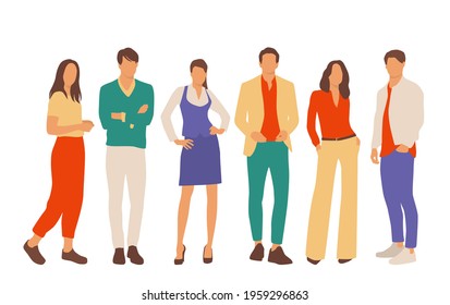  Set of young men and women, different colors, cartoon character, group of silhouettes of standing business people, students, the design concept of flat icon, isolated on white background