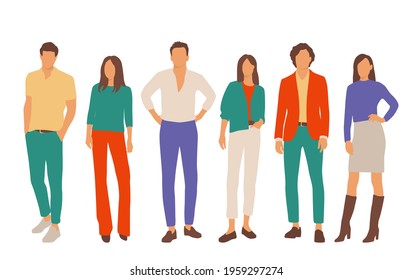  Set of young men and women, different colors, cartoon character, group of silhouettes of standing business people, students, the design concept of flat icon, isolated on white background