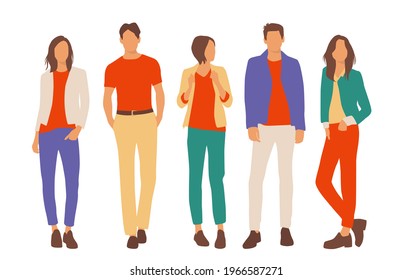  Set of young men and women, different colors, cartoon character, group of silhouettes of standing business people, students, the design concept of flat icon, isolated on white background