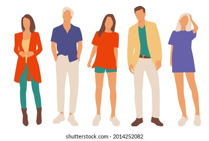  Set of young men and women, different colors, cartoon character, group of silhouettes of standing business people, students, the design concept of flat icon, isolated on white background