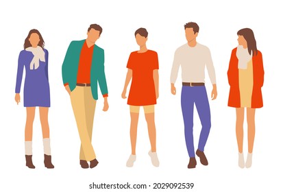  Set of young men and women, different colors, cartoon character, group of silhouettes of standing business people, students, the design concept of flat icon, isolated on white background