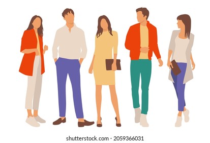  Set of young men and women, different colors, cartoon character, group of silhouettes of standing business people, students, the design concept of flat icon, isolated on white background