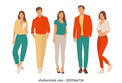  Set of young men and women, different colors, cartoon character, group of silhouettes of standing business people, students, the design concept of flat icon, isolated on white background