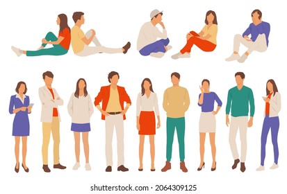  Set of young men and women, different colors, cartoon character, group of silhouettes of standing and sitting business people, design concept of flat icon, isolated on white background