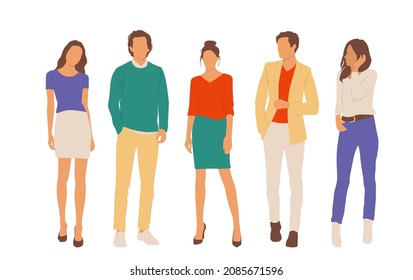  Conjunto de hombres y mujeres jóvenes, diferentes colores, personaje de caricatura, grupo de siluetas de hombres de negocios de pie, estudiantes, el concepto de diseño de icono plano, aislado en fondo blanco