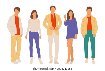  Set of young men and women, different colors, cartoon character, group of silhouettes of standing business people, students, the design concept of flat icon, isolated on white background