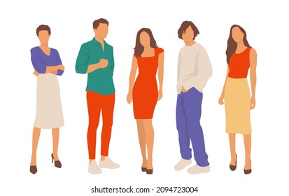  Set of young men and women, different colors, cartoon character, group of silhouettes of standing business people, students, the design concept of flat icon, isolated on white background
