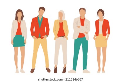  Set of young men and women, different colors, cartoon character, group of silhouettes of standing business people, students, the design concept of flat icon, isolated on white background