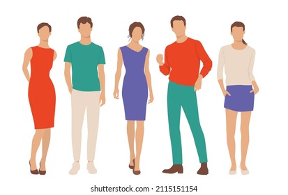  Set of young men and women, different colors, cartoon character, group of silhouettes of standing business people, students, the design concept of flat icon, isolated on white background