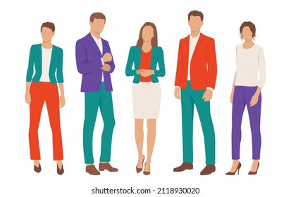  Conjunto de hombres y mujeres jóvenes, diferentes colores, personaje de caricatura, grupo de siluetas de hombres de negocios de pie, estudiantes, el concepto de diseño de icono plano, aislado en fondo blanco