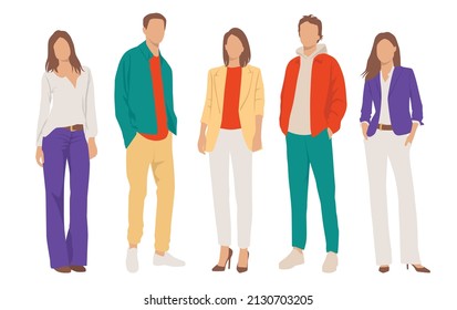  Set of young men and women, different colors, cartoon character, group of silhouettes of standing business people, students, the design concept of flat icon, isolated on white background