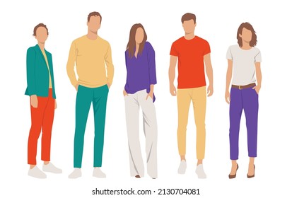  Set of young men and women, different colors, cartoon character, group of silhouettes of standing business people, students, the design concept of flat icon, isolated on white background