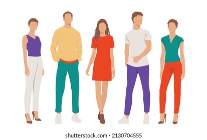  Set of young men and women, different colors, cartoon character, group of silhouettes of standing business people, students, the design concept of flat icon, isolated on white background